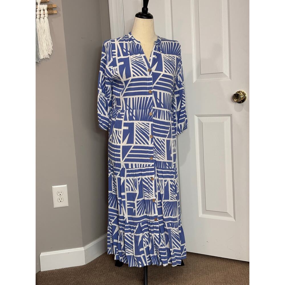 Salty Lemon Sz M Blue & White Midi Dress Coastal Boho Dummer Spring